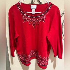Alfred Dunner Red Embroidered 3/4 Sleeve Shirt, Size PXL, Cotton Blend